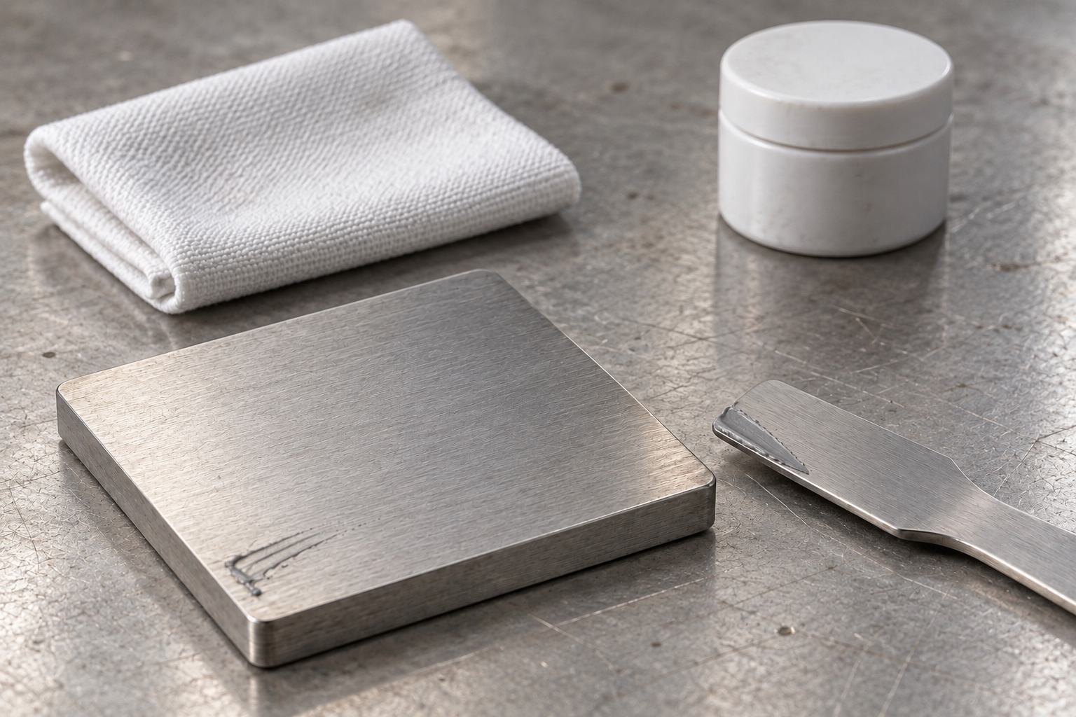 Concept illustration of a clean metal interface plate, cloth and thermal compound applicator