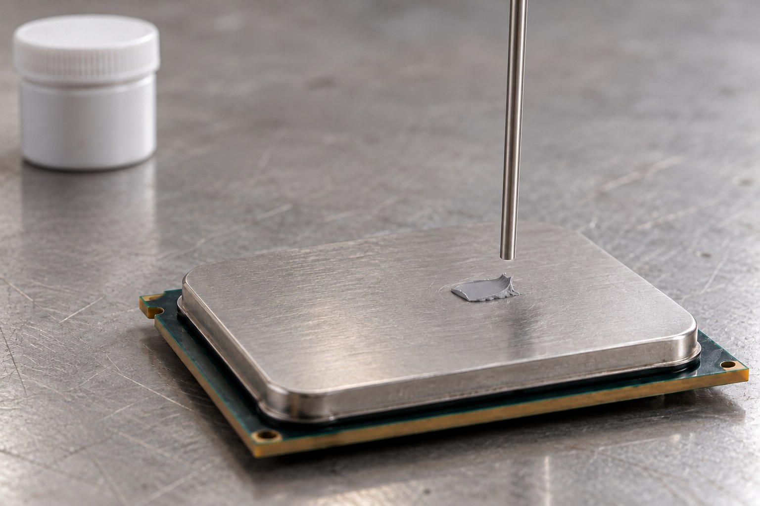 Concept illustration of a dispensing nozzle applying thermal compound to a processor surface