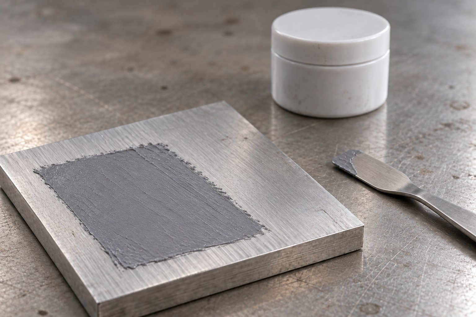 Concept illustration of a thermal compound layer on a metal sample plate with an applicator