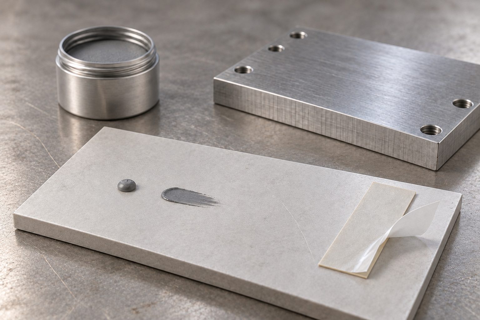 Concept illustration of thermal compound, a pad and tape samples beside a metal interface plate